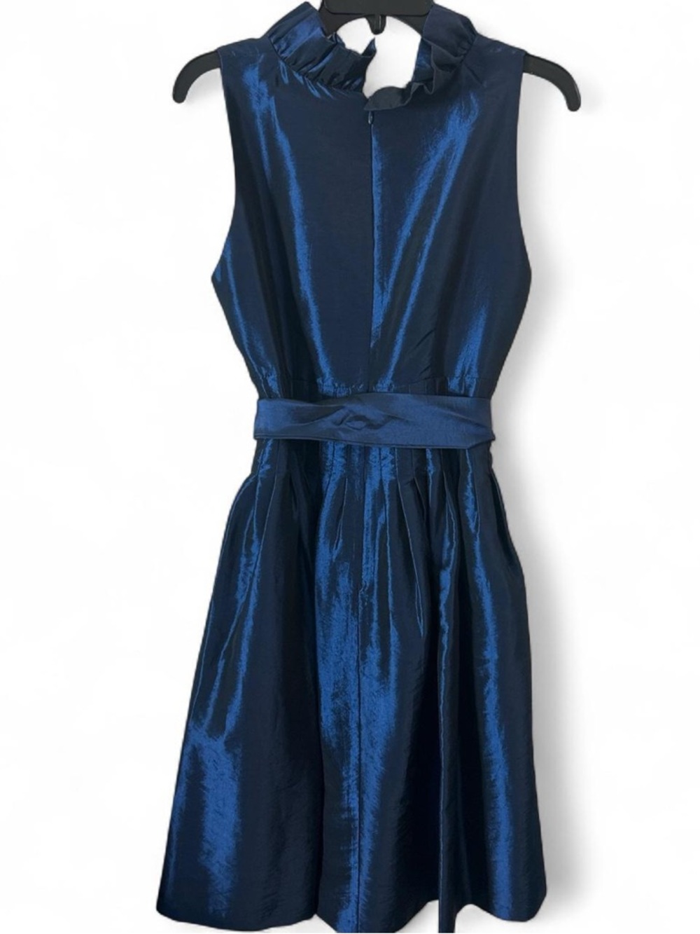 London Times Shimmery Navy Blue Ruffled V-Neck Sleeveless Fit-and-Flare Dress - Picture 4 of 6